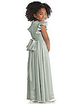 Rear View Thumbnail - Willow Green Ruffle Flutter Sleeve Whisper Satin Flower Girl Dress