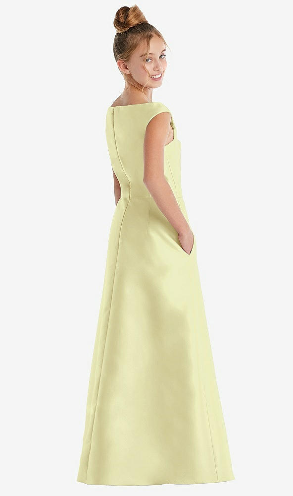 Back View - Butter Yellow Off-the-Shoulder Draped Wrap Satin Junior Bridesmaid Dress