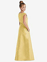 Rear View Thumbnail - Maize Off-the-Shoulder Draped Wrap Satin Junior Bridesmaid Dress