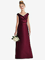 Front View Thumbnail - Cabernet Off-the-Shoulder Draped Wrap Satin Junior Bridesmaid Dress