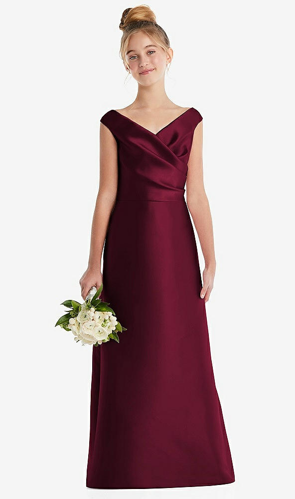 Front View - Cabernet Off-the-Shoulder Draped Wrap Satin Junior Bridesmaid Dress