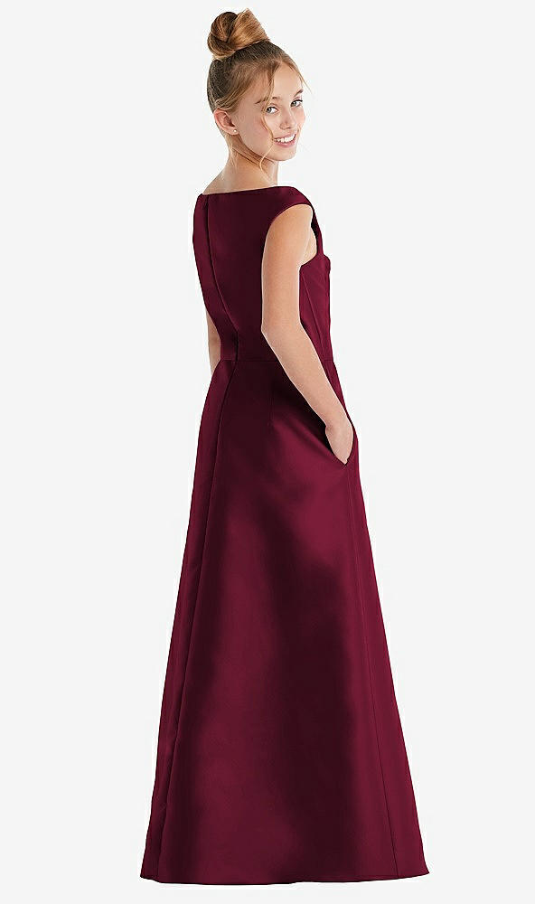 Back View - Cabernet Off-the-Shoulder Draped Wrap Satin Junior Bridesmaid Dress