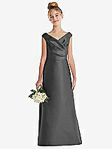 Front View Thumbnail - Gunmetal Off-the-Shoulder Draped Wrap Satin Junior Bridesmaid Dress