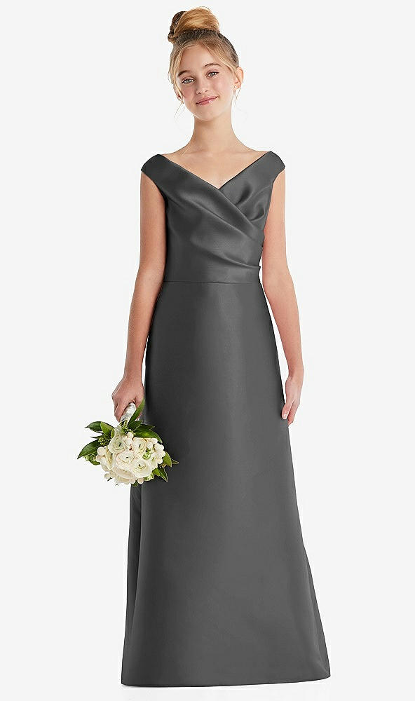 Front View - Gunmetal Off-the-Shoulder Draped Wrap Satin Junior Bridesmaid Dress