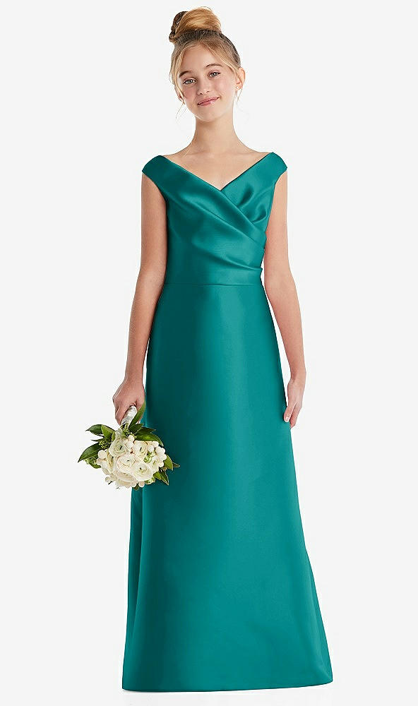 Front View - Jade Off-the-Shoulder Draped Wrap Satin Junior Bridesmaid Dress