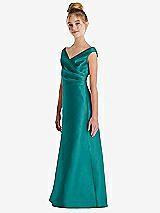 Side View Thumbnail - Jade Off-the-Shoulder Draped Wrap Satin Junior Bridesmaid Dress