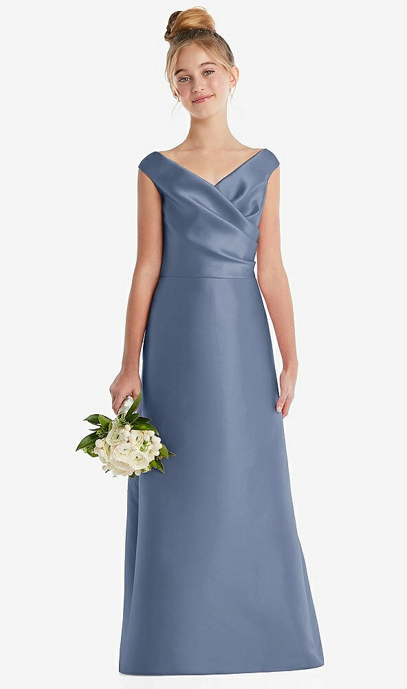 Front View - Larkspur Blue Off-the-Shoulder Draped Wrap Satin Junior Bridesmaid Dress