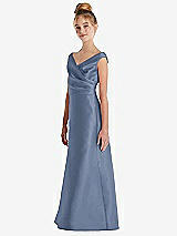 Side View Thumbnail - Larkspur Blue Off-the-Shoulder Draped Wrap Satin Junior Bridesmaid Dress