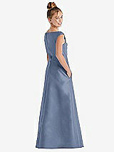 Rear View Thumbnail - Larkspur Blue Off-the-Shoulder Draped Wrap Satin Junior Bridesmaid Dress