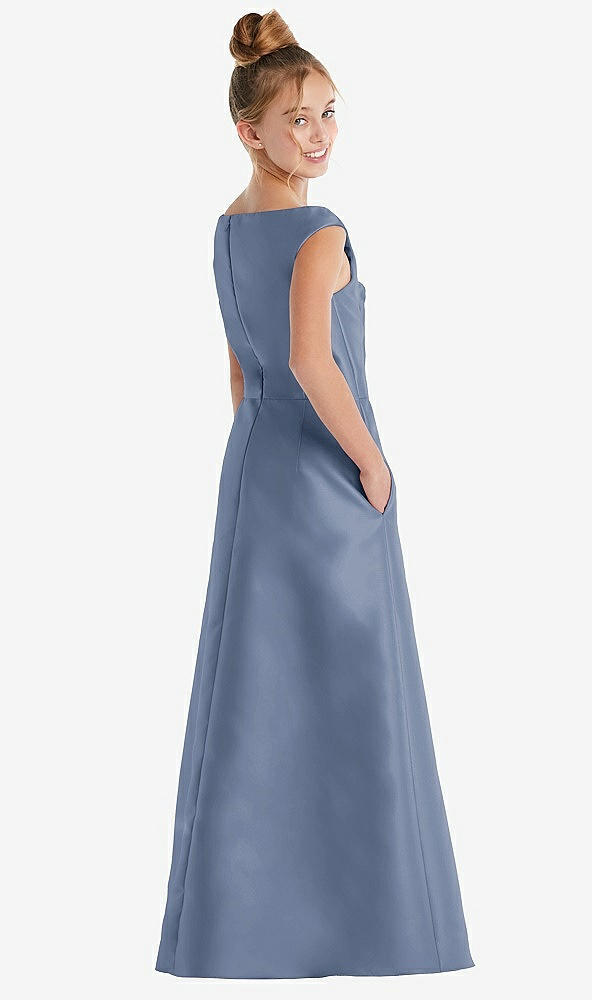 Back View - Larkspur Blue Off-the-Shoulder Draped Wrap Satin Junior Bridesmaid Dress