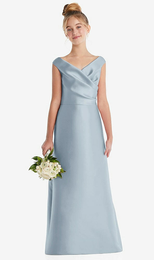 Front View - Mist Off-the-Shoulder Draped Wrap Satin Junior Bridesmaid Dress