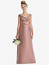 Front View Thumbnail - Neu Nude Off-the-Shoulder Draped Wrap Satin Junior Bridesmaid Dress