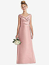 Front View Thumbnail - Rose - PANTONE Rose Quartz Off-the-Shoulder Draped Wrap Satin Junior Bridesmaid Dress