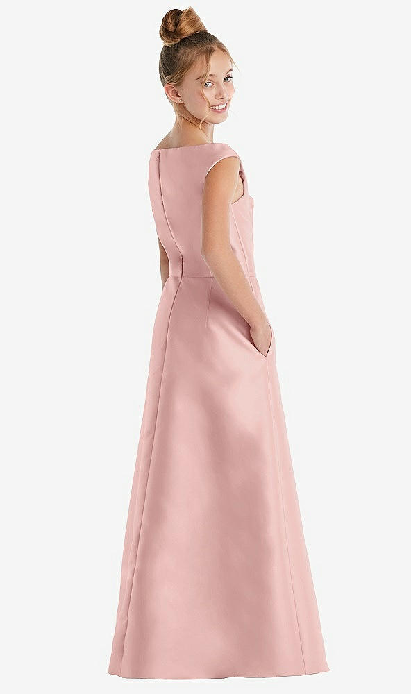 Back View - Rose - PANTONE Rose Quartz Off-the-Shoulder Draped Wrap Satin Junior Bridesmaid Dress