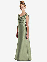 Side View Thumbnail - Sage Off-the-Shoulder Draped Wrap Satin Junior Bridesmaid Dress