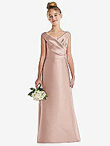 Front View Thumbnail - Toasted Sugar Off-the-Shoulder Draped Wrap Satin Junior Bridesmaid Dress