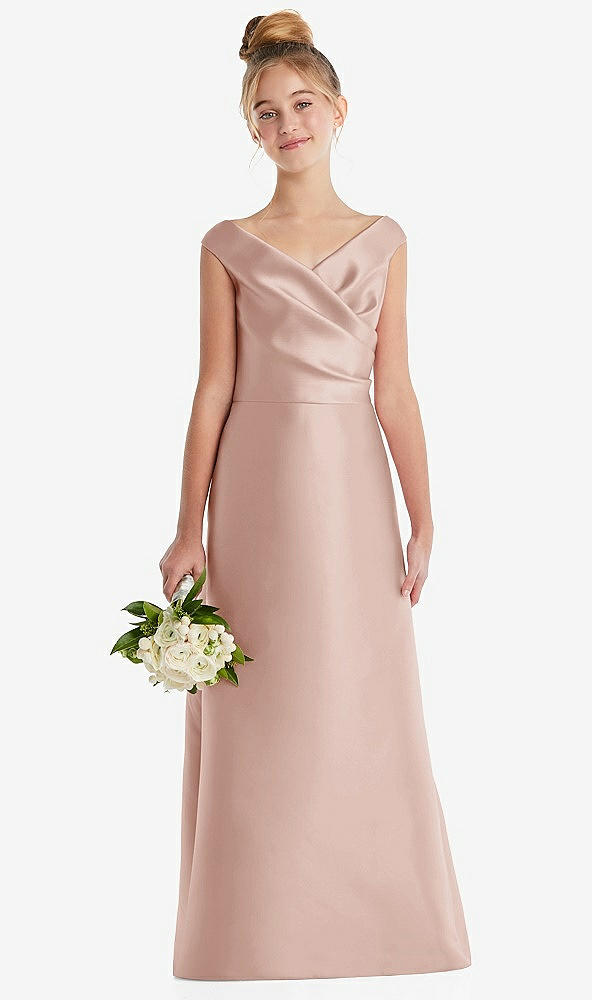 Front View - Toasted Sugar Off-the-Shoulder Draped Wrap Satin Junior Bridesmaid Dress