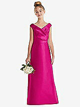 Front View Thumbnail - Think Pink Off-the-Shoulder Draped Wrap Satin Junior Bridesmaid Dress