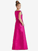 Rear View Thumbnail - Think Pink Off-the-Shoulder Draped Wrap Satin Junior Bridesmaid Dress