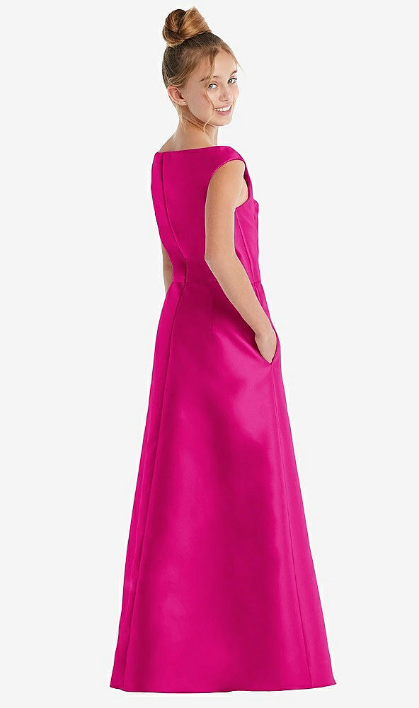 Back View - Think Pink Off-the-Shoulder Draped Wrap Satin Junior Bridesmaid Dress