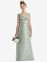 Front View Thumbnail - Willow Green Off-the-Shoulder Draped Wrap Satin Junior Bridesmaid Dress