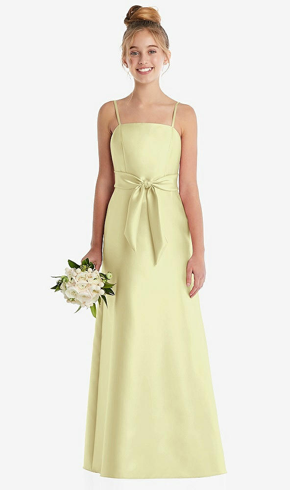 Front View - Butter Yellow Spaghetti Strap Satin Junior Bridesmaid Dress with Mini Sash