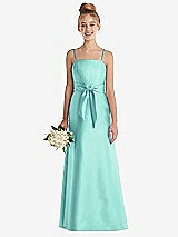 Front View Thumbnail - Coastal Spaghetti Strap Satin Junior Bridesmaid Dress with Mini Sash