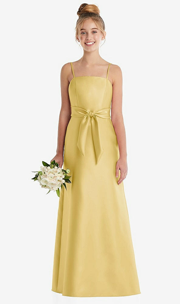 Front View - Maize Spaghetti Strap Satin Junior Bridesmaid Dress with Mini Sash