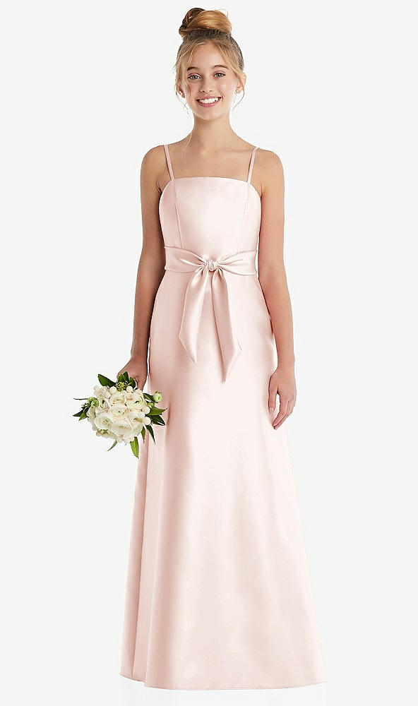 Front View - Blush Spaghetti Strap Satin Junior Bridesmaid Dress with Mini Sash