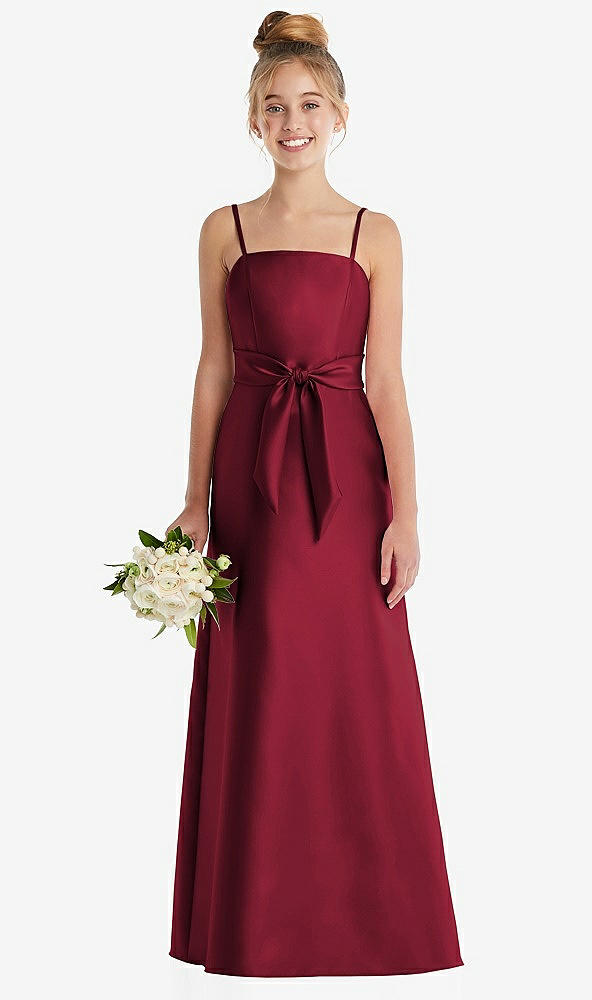 Front View - Burgundy Spaghetti Strap Satin Junior Bridesmaid Dress with Mini Sash