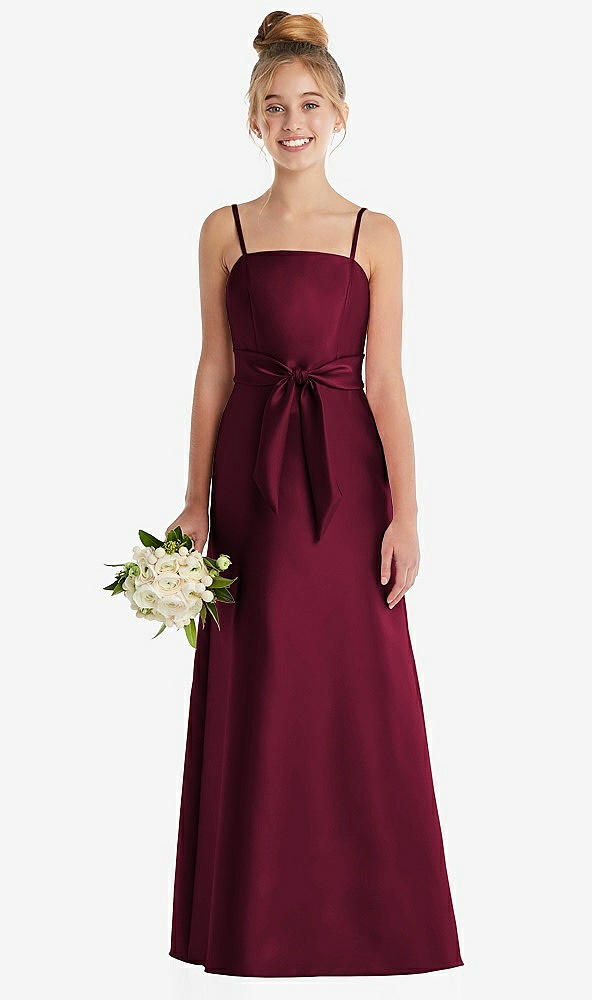 Front View - Cabernet Spaghetti Strap Satin Junior Bridesmaid Dress with Mini Sash