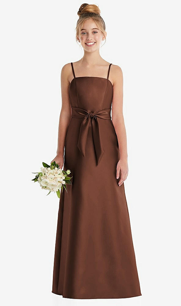 Front View - Cognac Spaghetti Strap Satin Junior Bridesmaid Dress with Mini Sash