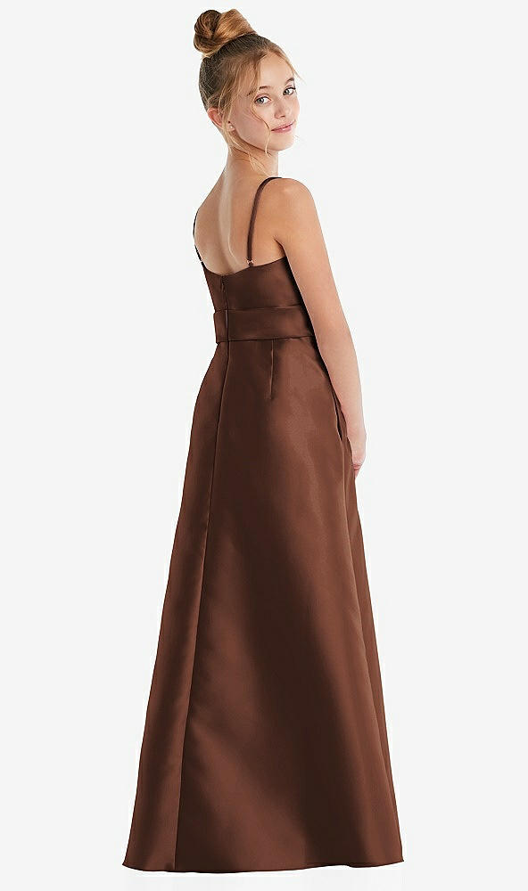 Back View - Cognac Spaghetti Strap Satin Junior Bridesmaid Dress with Mini Sash