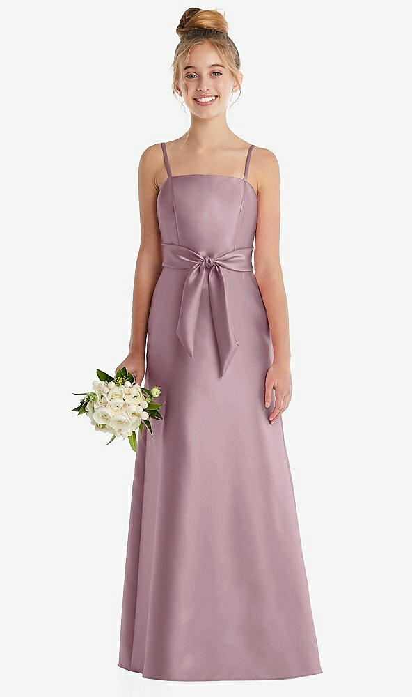 Front View - Dusty Rose Spaghetti Strap Satin Junior Bridesmaid Dress with Mini Sash