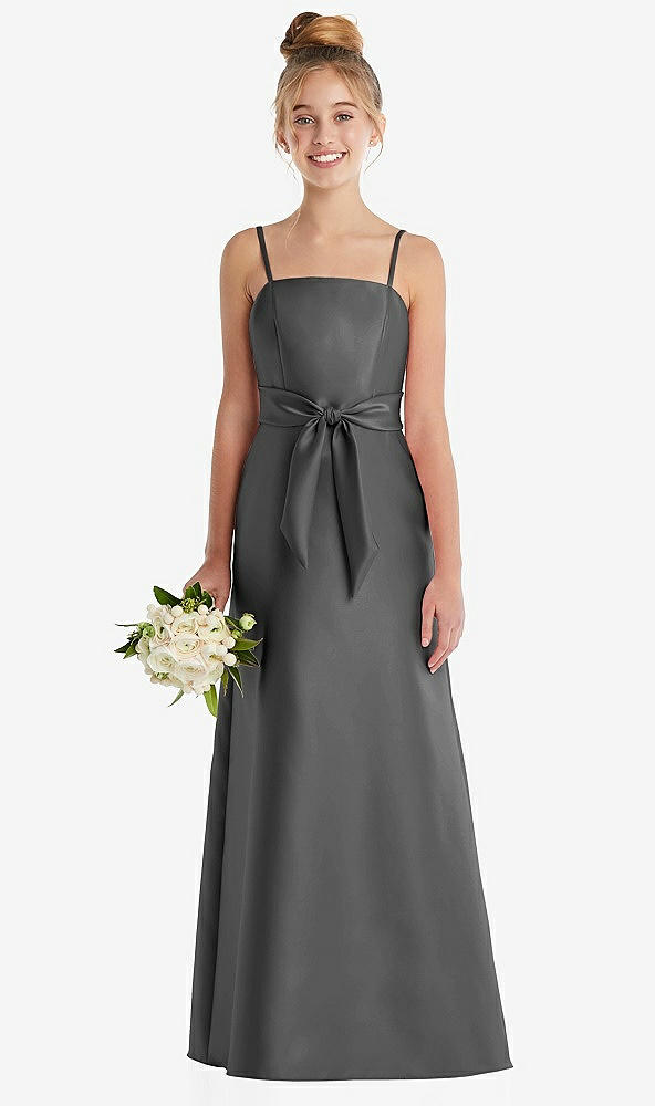 Front View - Gunmetal Spaghetti Strap Satin Junior Bridesmaid Dress with Mini Sash