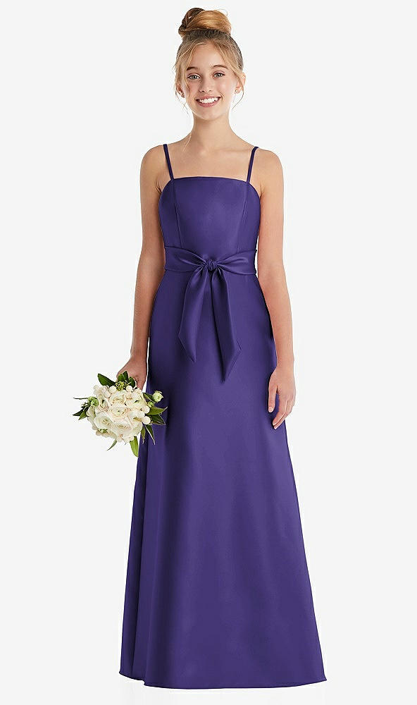 Front View - Grape Spaghetti Strap Satin Junior Bridesmaid Dress with Mini Sash