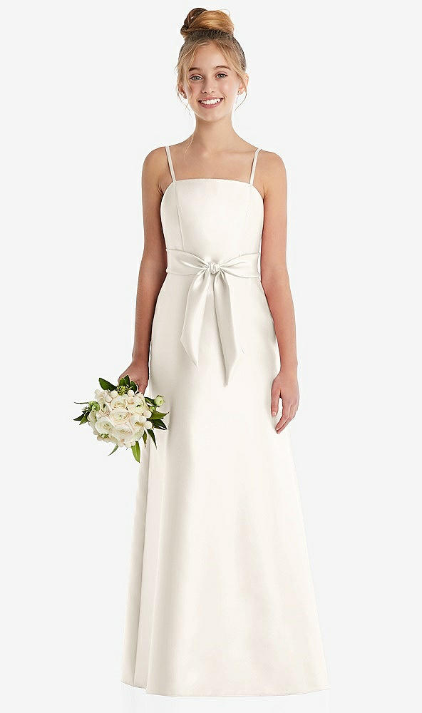 Front View - Ivory Spaghetti Strap Satin Junior Bridesmaid Dress with Mini Sash