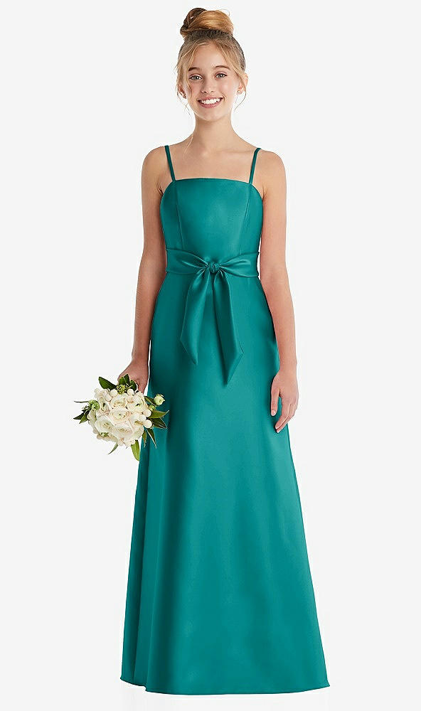 Front View - Jade Spaghetti Strap Satin Junior Bridesmaid Dress with Mini Sash