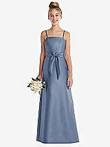 Front View Thumbnail - Larkspur Blue Spaghetti Strap Satin Junior Bridesmaid Dress with Mini Sash