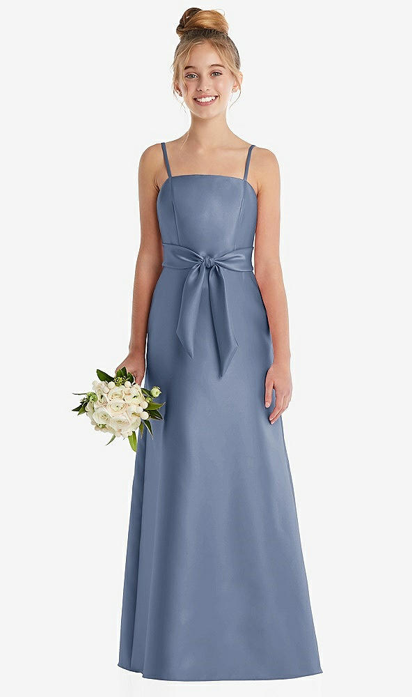 Front View - Larkspur Blue Spaghetti Strap Satin Junior Bridesmaid Dress with Mini Sash