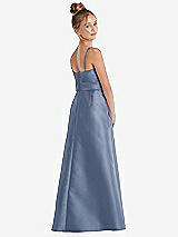 Rear View Thumbnail - Larkspur Blue Spaghetti Strap Satin Junior Bridesmaid Dress with Mini Sash