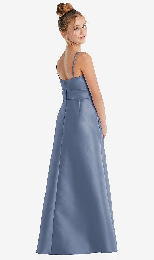 Back View - Larkspur Blue Spaghetti Strap Satin Junior Bridesmaid Dress with Mini Sash