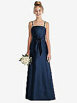 Front View Thumbnail - Midnight Navy Spaghetti Strap Satin Junior Bridesmaid Dress with Mini Sash