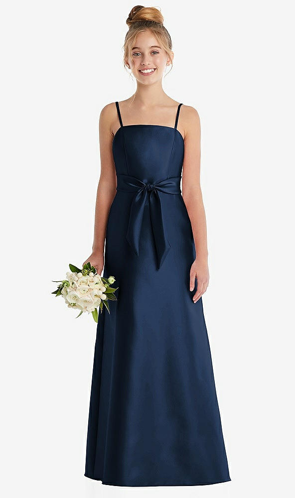 Front View - Midnight Navy Spaghetti Strap Satin Junior Bridesmaid Dress with Mini Sash