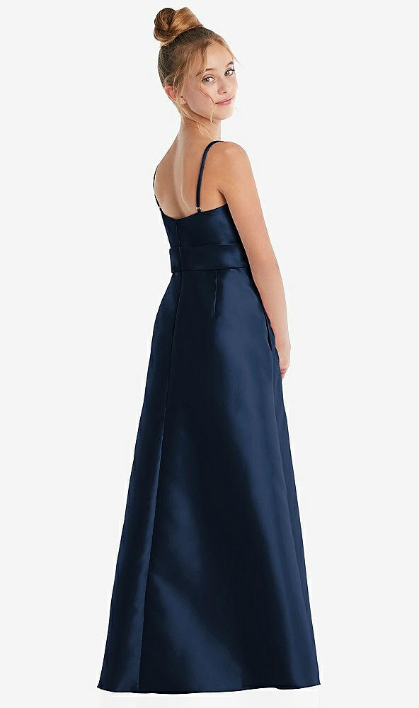 Back View - Midnight Navy Spaghetti Strap Satin Junior Bridesmaid Dress with Mini Sash