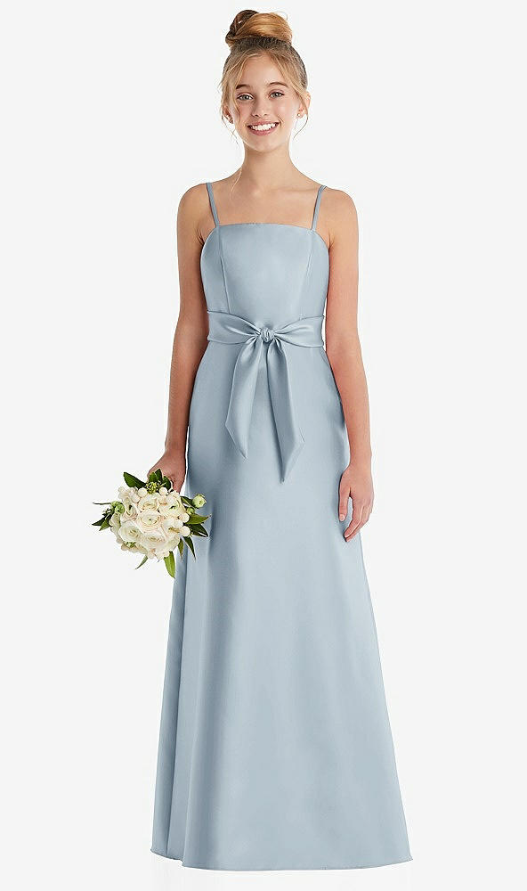 Front View - Mist Spaghetti Strap Satin Junior Bridesmaid Dress with Mini Sash