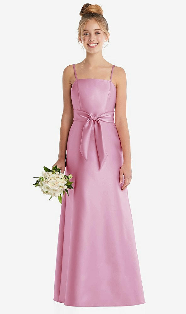 Front View - Powder Pink Spaghetti Strap Satin Junior Bridesmaid Dress with Mini Sash