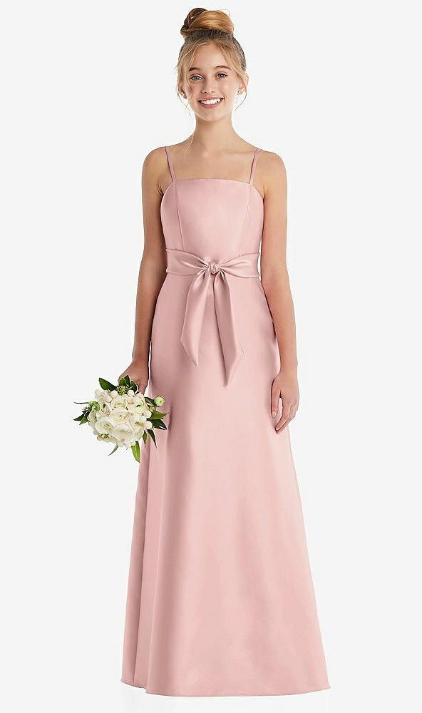 Front View - Rose - PANTONE Rose Quartz Spaghetti Strap Satin Junior Bridesmaid Dress with Mini Sash