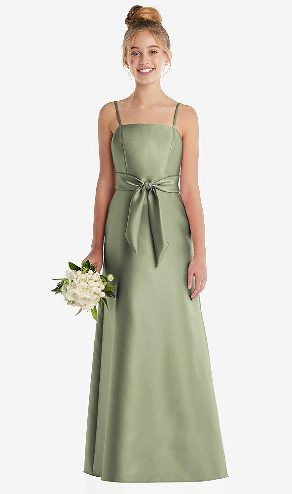 Front View - Sage Spaghetti Strap Satin Junior Bridesmaid Dress with Mini Sash