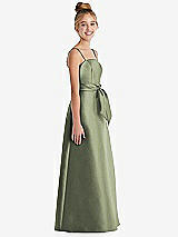 Side View Thumbnail - Sage Spaghetti Strap Satin Junior Bridesmaid Dress with Mini Sash